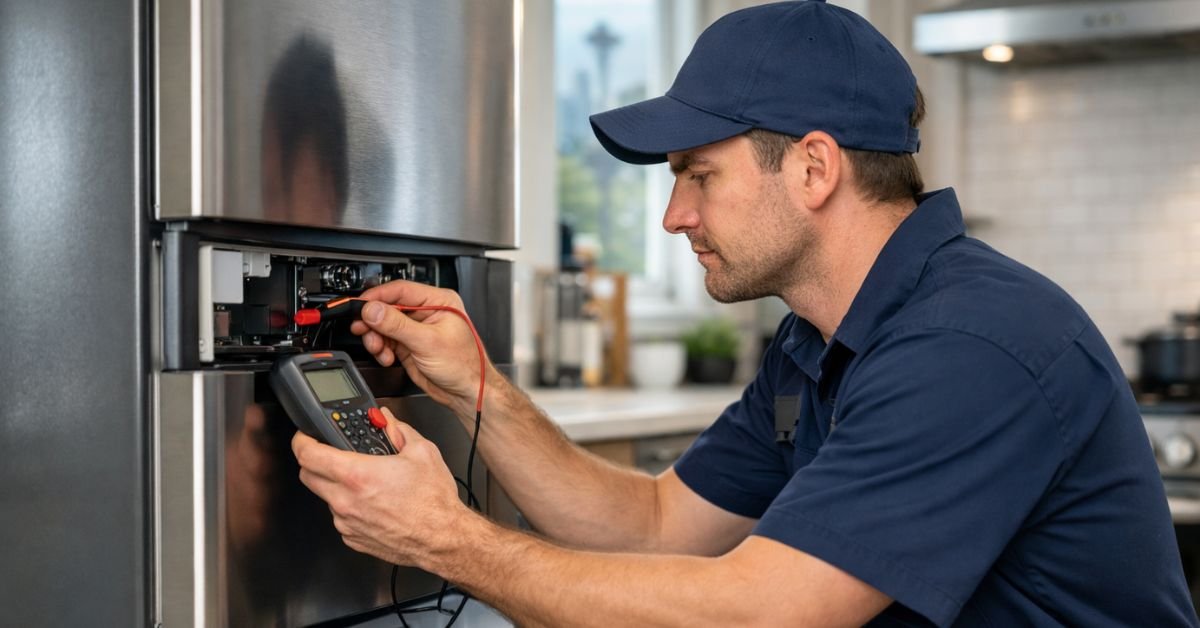 Professional appliance repair technician inspecting and repairing a stainless steel refrigerator in a modern Seattle home kitchen.
