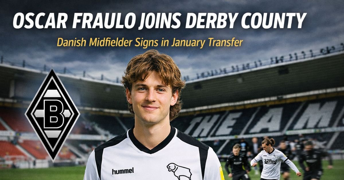 Oscar Fraulo wearing Derby County’s home kit at Pride Park Stadium following his January transfer signing.
