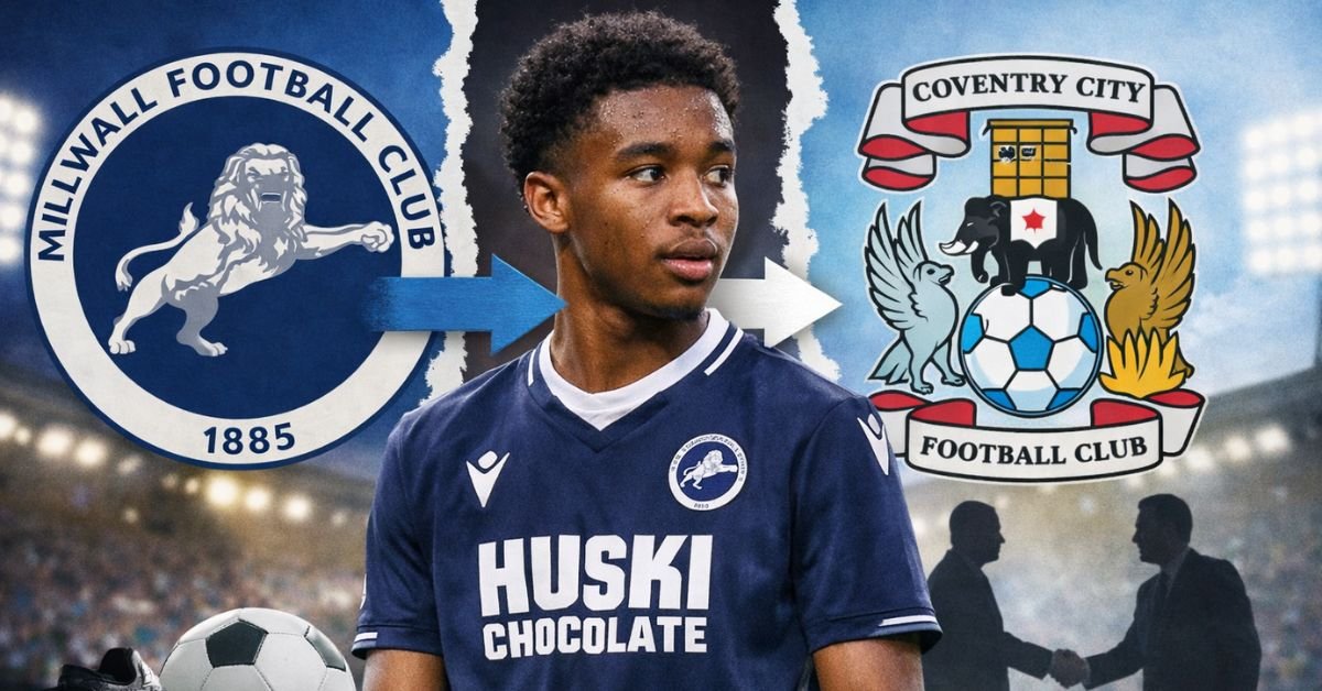 Romain Esse pictured in a Millwall shirt with Millwall and Coventry City crests, illustrating potential January transfer talks between the two clubs.
