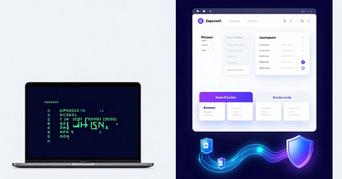 Split-screen illustration showing JSON code with SERP API data on left and modern API company homepage wireframe on right, connected by glowing data flow with search, AI, and analytics icons