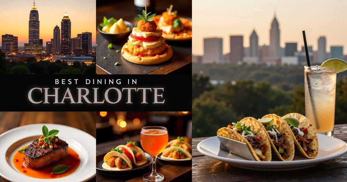 Best restaurants in Charlotte NC - fine dining, sushi, steakhouse, and casual dining options with Queen City skyline at sunset